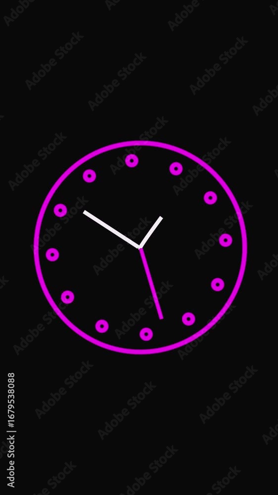 Poster circular neon clock animation displaying time and motion on black vertical video. animated neon cloc