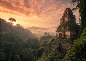 Ancient Temple Ruins in Jungle with Dramatic Sunrise