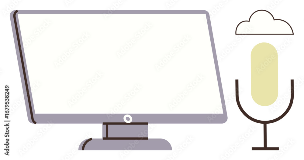 Poster desktop monitor and microphone with cloud symbol, representing online interaction and cloud-based au