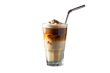 Tall iced coffee with cream and straw isolated on white background