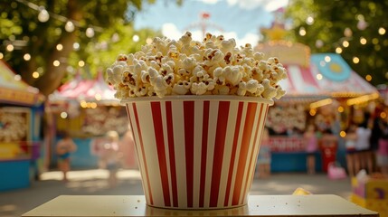 Vibrant Popcorn Bucket at a Colorful Fair with Festive Atmosphere