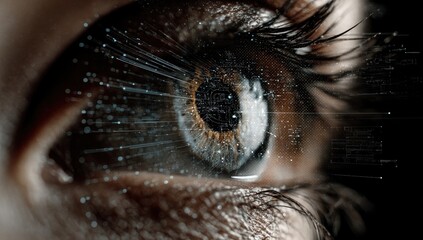 Close-up of an eye, digitally enhanced with glowing data streams