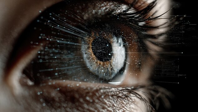 Close-up of an eye, digitally enhanced with glowing data streams