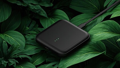 Black wireless charger on lush green leaves