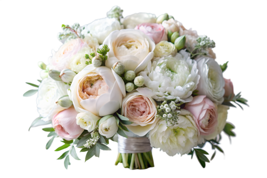 Elegant white and pink peony wedding bouquet isolated on white background