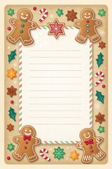 Christmas card background. Vintage Christmas stationery with lined center surrounded by gingerbread men, candy canes, holly and star cookies&mdash;festive blank card for notes or invitations.