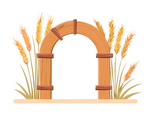Wooden Archway with Wheat and Autumn Foliage, Great for Farm and Seasonal Compositions