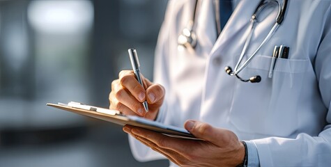 Doctor writing on clipboard. Close-up of a doctor in a white coat holding a clipboard and writing with a pen. Blurred background suggests a medical setting