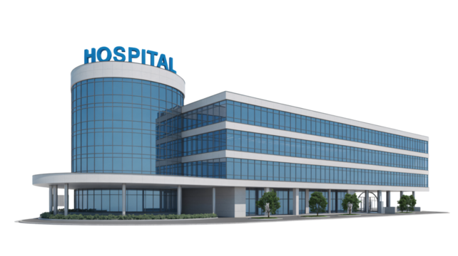 Modern hospital building with blue windows and sleek architecture