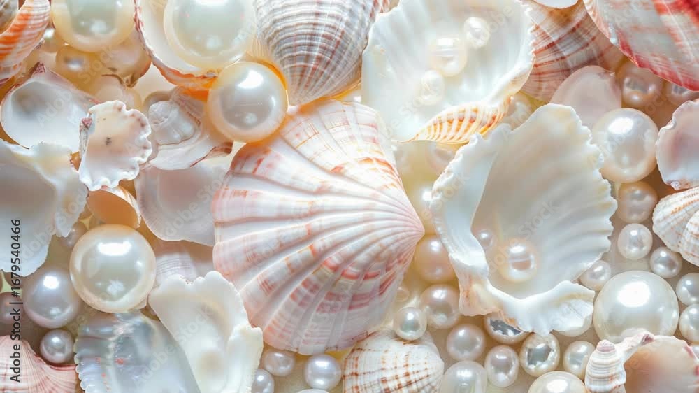 Poster a close-up shot of various types of shells and pearls arranged together