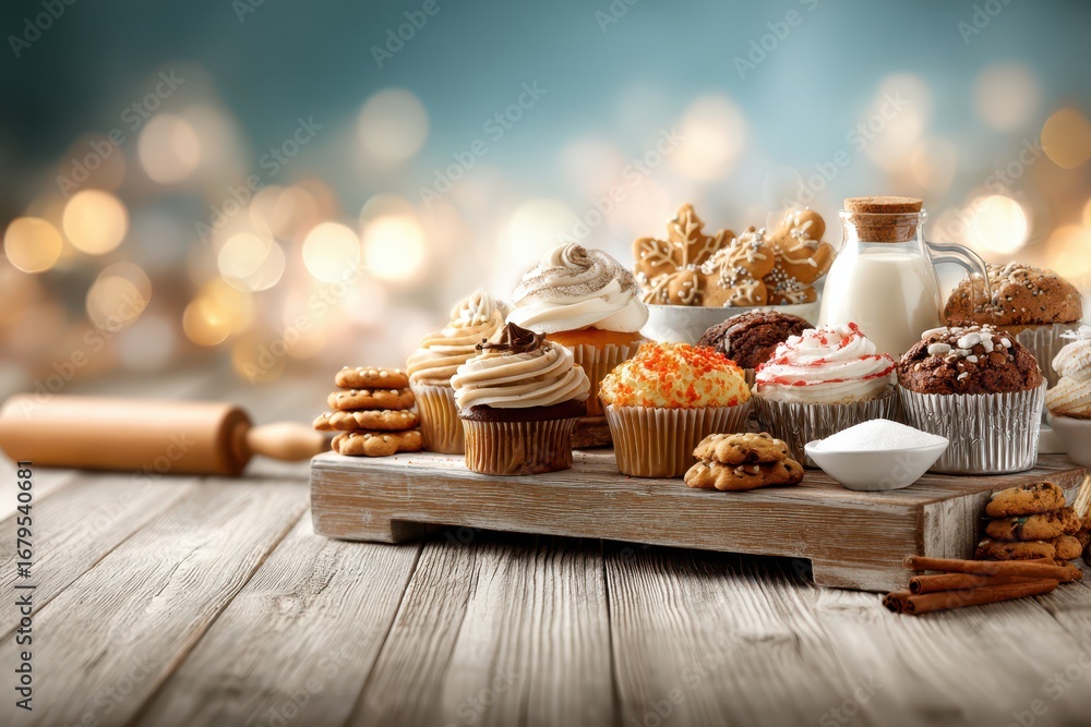 Poster a delightful array of homemade cupcakes and cookies on a rustic wooden table, with a rolling pin and