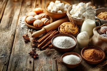 A rustic arrangement of baking ingredients, including sugar, cookies, milk, and cinnamon, displayed on a weathered wooden surface with warm, inviting lighting and shallow depth of field.