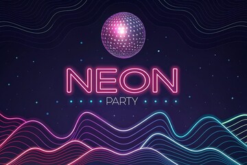 A dazzling neon party background featuring a disco ball, vibrant lights, and abstract waves, perfect for creating a fun and energetic atmosphere