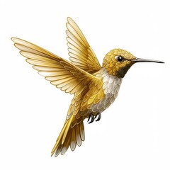Obraz premium Ornate Golden Hummingbird Flying with Detailed Wing Pattern on White Background