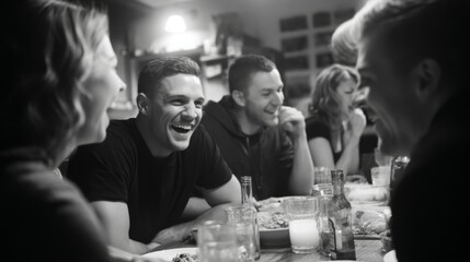 Candid Moment of Joyful Laughter During a Group Meal with Friends in a Warm and Inviting Setting