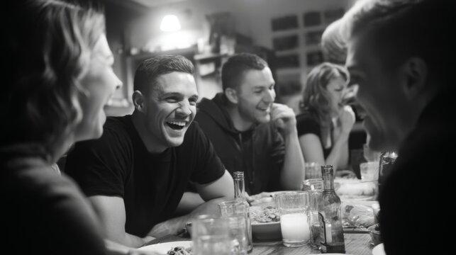 Candid Moment of Joyful Laughter During a Group Meal with Friends in a Warm and Inviting Setting