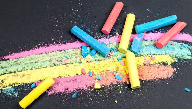 Colorful Chalk Sticks with Powder on Black Background