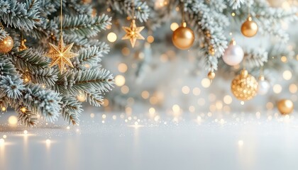 Festive holiday background with snow flocked evergreen branches and gold ornamental globes and a glittering star ornament