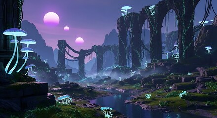 Mystical Ruined Bridge in a Glowing Landscape.