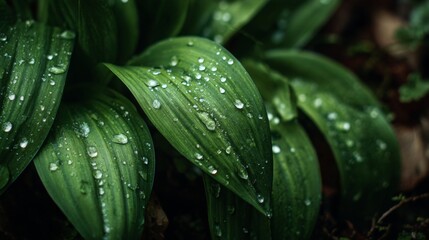 Obraz premium Close-Up of Dewdrops on Fresh Green Spring Leaves in Natural Setting
