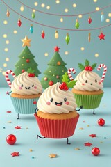 Christmas card background. Cute festive cupcakes with smiling faces, frosting, candy canes and holly, set before decorated Christmas trees and string lights — whimsical holiday dessert illustration.