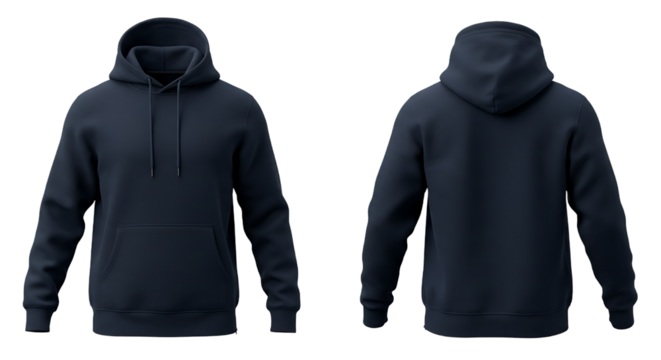 Navy Blue Hoodie Mockup Front and Back Views on Transparent Background