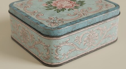 Vintage Floral Tin Box, Pastel Colors, Detailed Ornamentation.