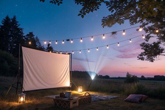 An enchanting outdoor cinema setup with a projector illuminating a screen under the stars, creating a magical movie night experience