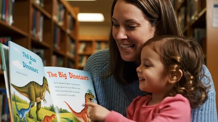 Mother and child read a dinosaur book in a library together. A close-up portrait of education and bonding. Early learning, educational content, family time. - Powered by Adobe