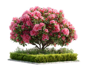 Vibrant pink rhododendron bush with lush green foliage and manicured garden bed isolated on transparent background