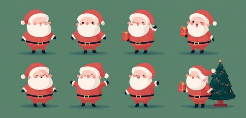Cute cartoon santa claus character design sheet with multiple poses and christmas tree