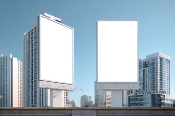 Blank billboard displays against city backdrop.  Two large, empty billboards mounted on supports in urban setting.  Modern skyscrapers in background.  Clear, bright sky