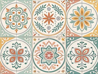 A collection of decorative ceramic tiles features floral and geometric patterns in a vintage style