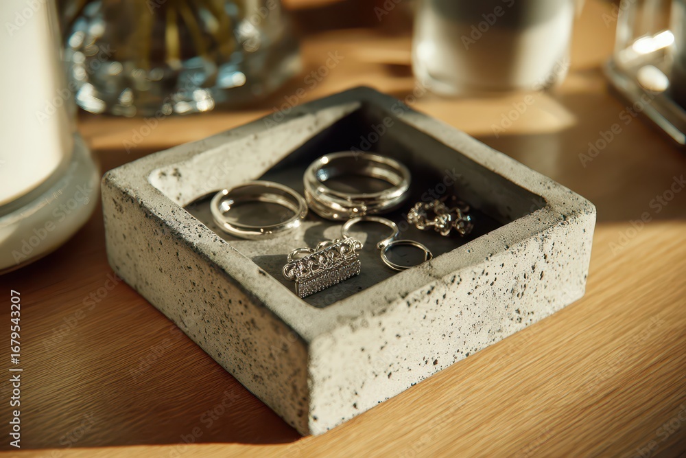 Aufkleber elegant assortment of modern rings displayed in a textured concrete tray, creating a subtle yet stri