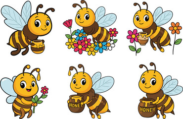 Cute Cartoon Bees with Honey Pots and Flowers &ndash; Adorable Vector Insect Collection for Kids, Nature Themes, Spring, and Garden Designs