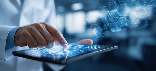 Doctor using tablet with holographic medical data overlay. 