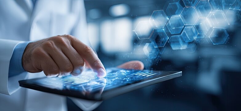 Doctor using tablet with holographic medical data overlay. 