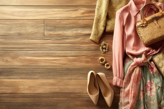 Elegant feminine fashion layout featuring coordinated clothing, shoes, and accessories displayed on a rustic wood surface for a stylish and curated wardrobe showcase.