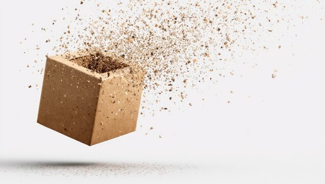 A cardboard box explodes, sending debris outward