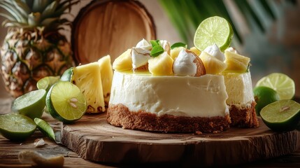 Tropical Fruit Cheesecake with Pineapple and Lime Garnish