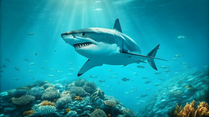 Fototapeta premium Great White Shark Swimming Over Colorful Coral Reef in Sunlit Ocean 