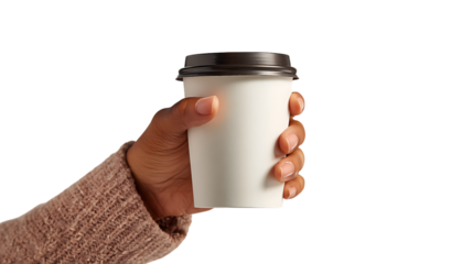 Hand holding a white paper coffee cup isolated on transparent background