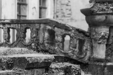 Abandoned stone staircase of an old historical building.