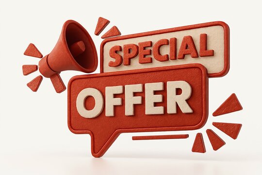 Red megaphone announcing special offer with speech bubbles