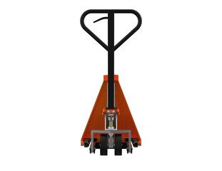 Vibrant Orange Hand Pallet Truck 3D Render: Modern Industrial Pallet Jack Jigger in Retracted Position, Isolated for Logistics, Warehouse and Material Handling Efficiency on Transparent Background.