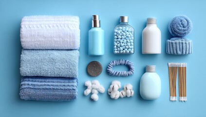 Flatlay of light blue and white bath and beauty essentials.  Towels, bottles, bath beads, hair ties, cotton swabs, and cotton balls