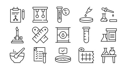 Science and laboratory linear icon set. Experiments, chemistry, biology, analysis, microscope, test tubes, diagnostics, research, education, medical, vector thin line icon pack.