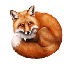 Obraz premium Portrait of Curled Up Orange Fox with White Tail in Isolated White Background