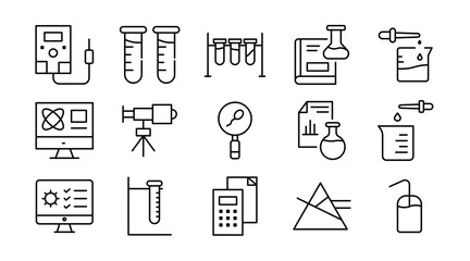 Research and experiment linear icon set. Laboratory, biology, chemistry, science, analysis, test tubes, microscope, diagnostics, medical, healthcare, vector outline UI icon pack.