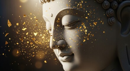 Golden shards exploding from a serene buddha statue